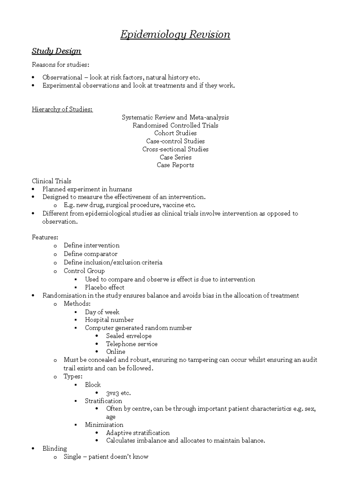 Epidemiology Revision Experimental observations and look at