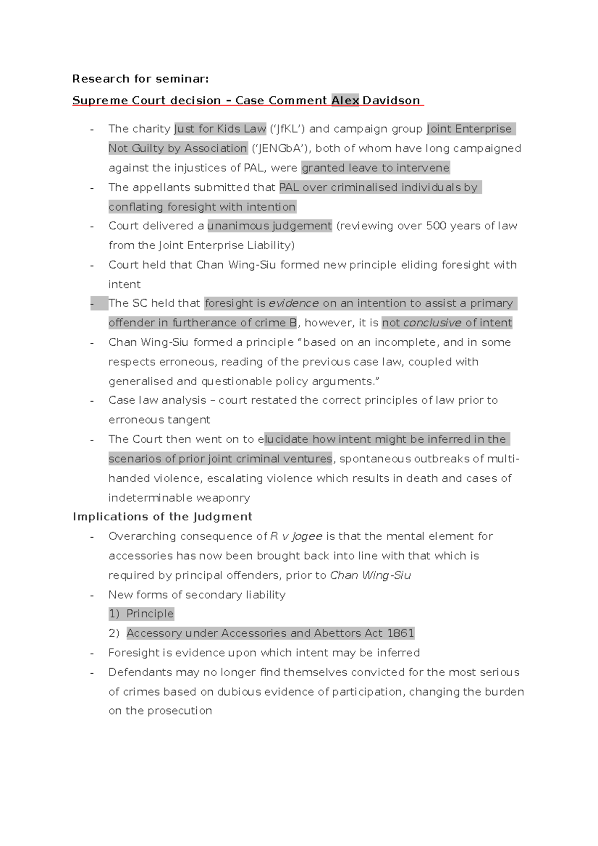 Seminar 1 Research - Short summaries of articles relating to R v Jogee ...