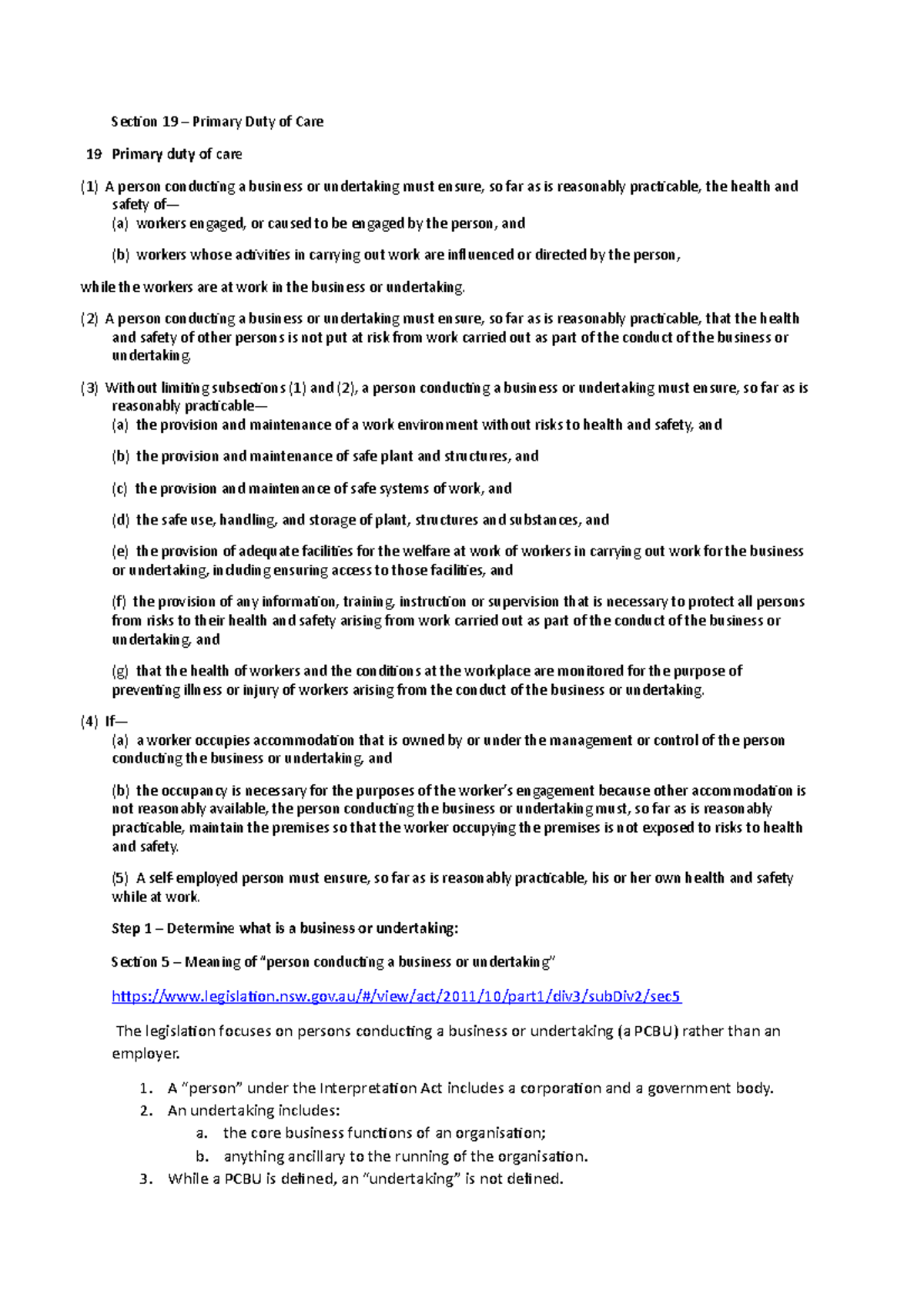 WH&S Law Condensed Notes - Secion 19 – Primary Duty of Care 19 Primary ...