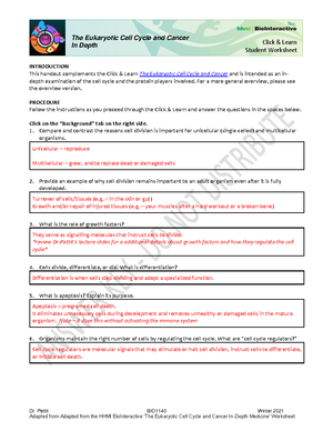 Topic 6 Eukaryotic Cell Cycle and Cancer Exploration Worksheet Answer KEY -  Dr. Pettit BIO1140 - Studocu