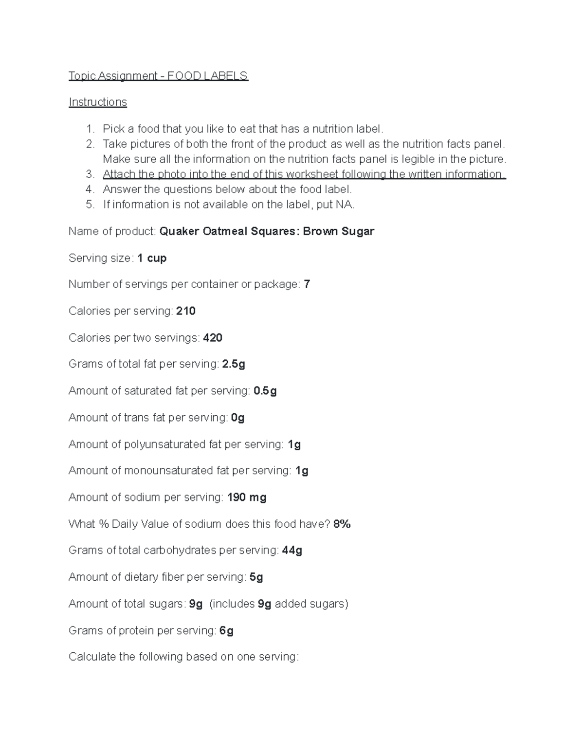 Food Labels assignment Topic Assignment FOOD LABELS Instructions