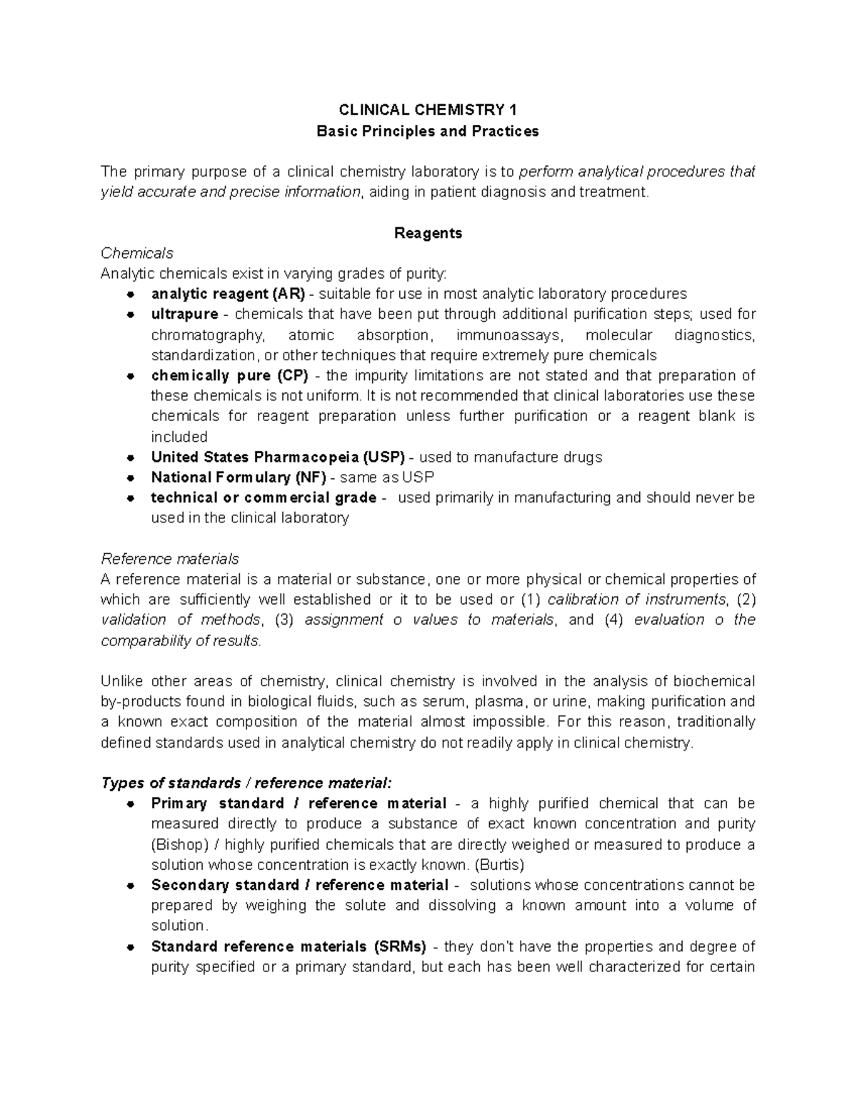 CC Notes (Incomplete) - CLINICAL CHEMISTRY 1 Basic Principles and ...
