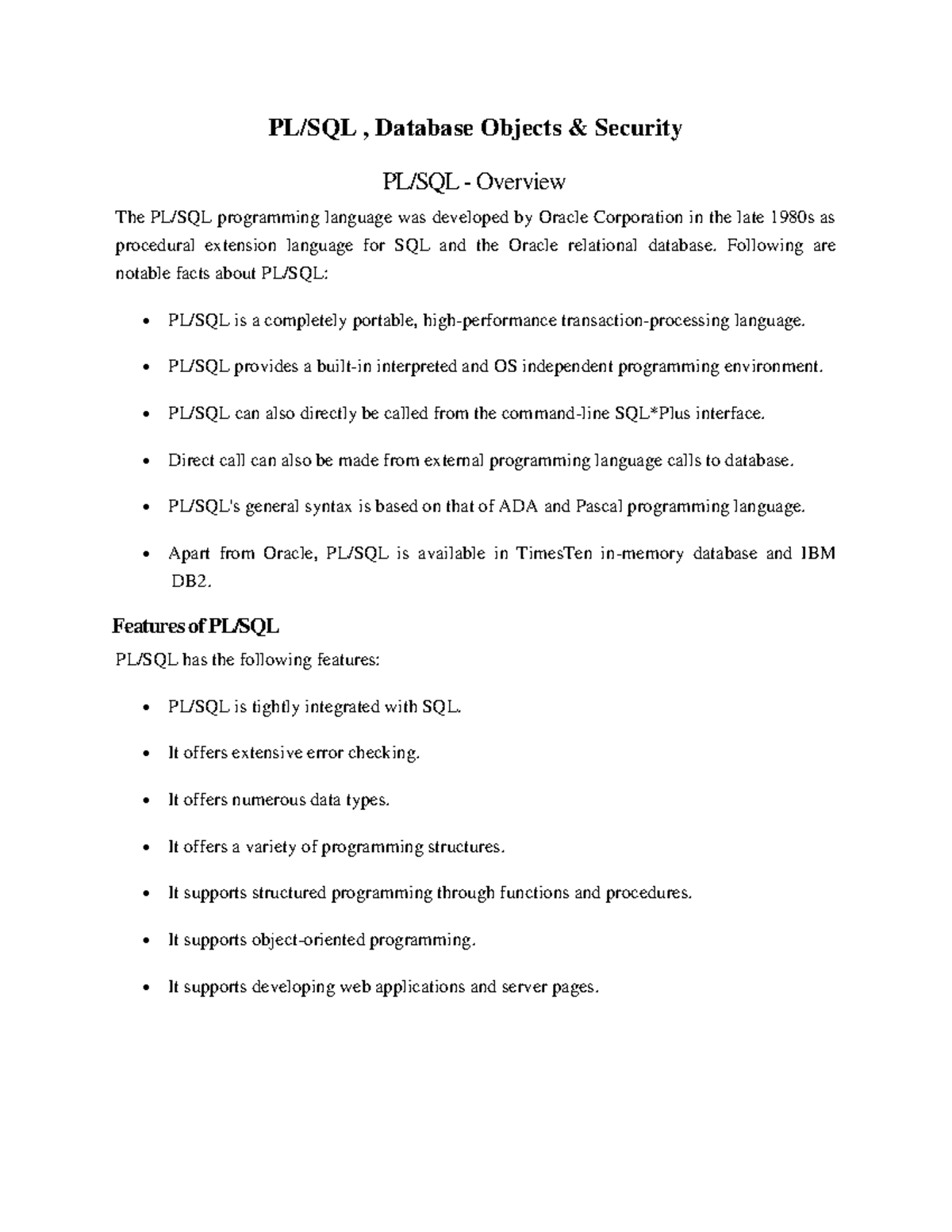 Rdbms topic-5 - DBMS - PL/SQL , Database Objects & Security PL/SQL ...