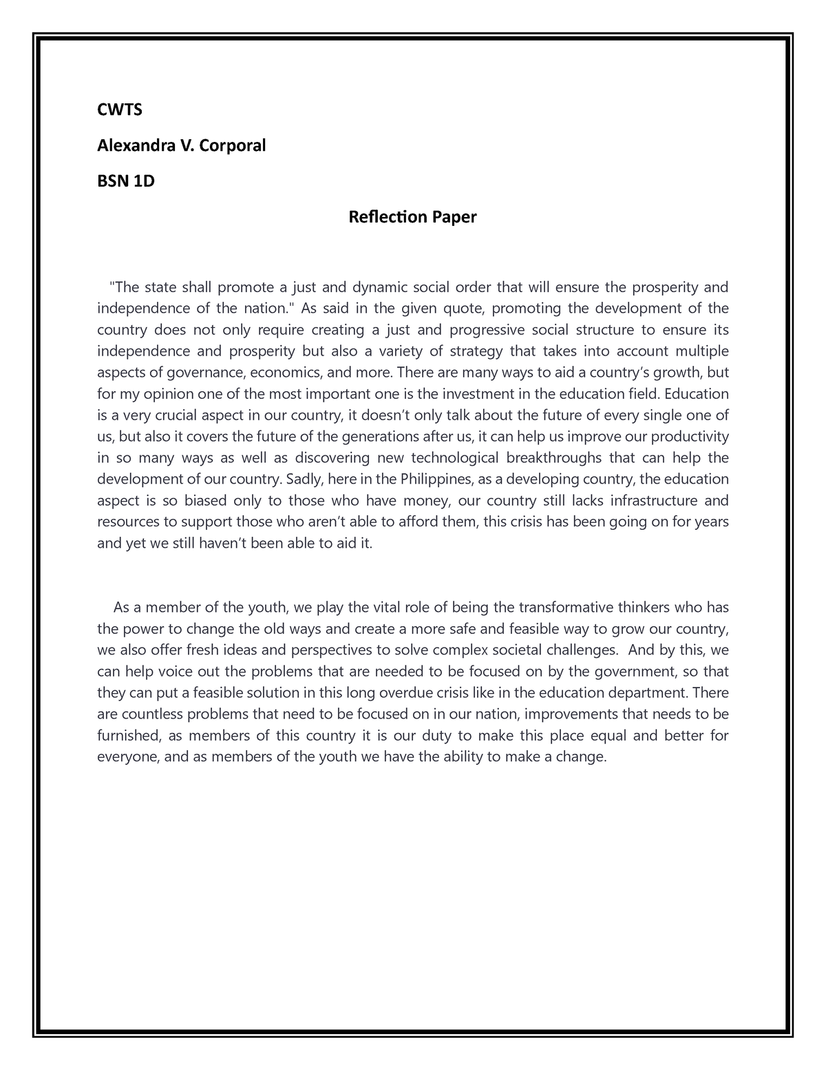 Reflection Paper - CWTS Alexandra V. Corporal BSN 1D Reflection Paper ...