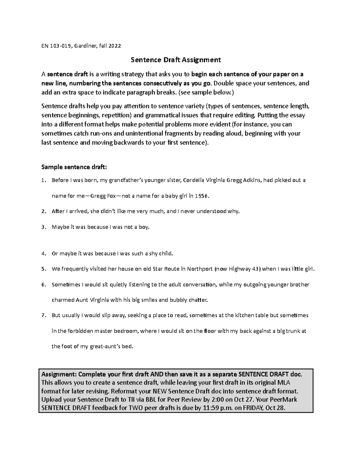 Handout Oct 25 Sentence Draft Assignment EN 103019, Gardiner