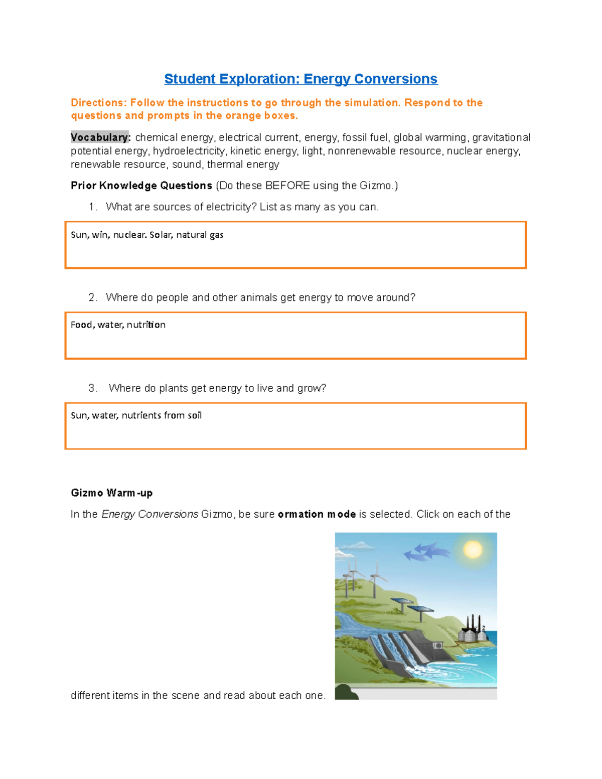 Gizmo - Student Exploration: Energy Conversions Directions: Follow The ...