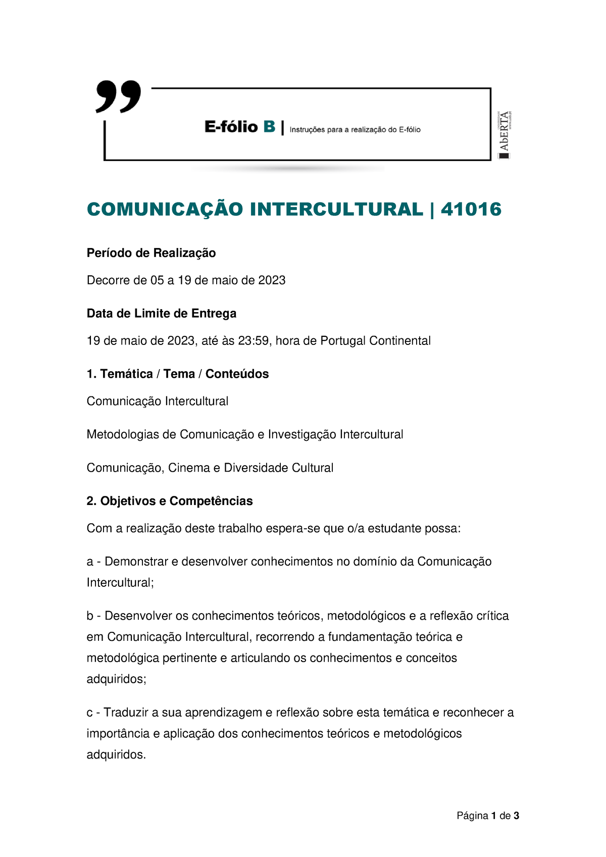 Com Interc Efolio B 2023 Enunciado - Página 1 De 3 COMUNICAÇÃO ...