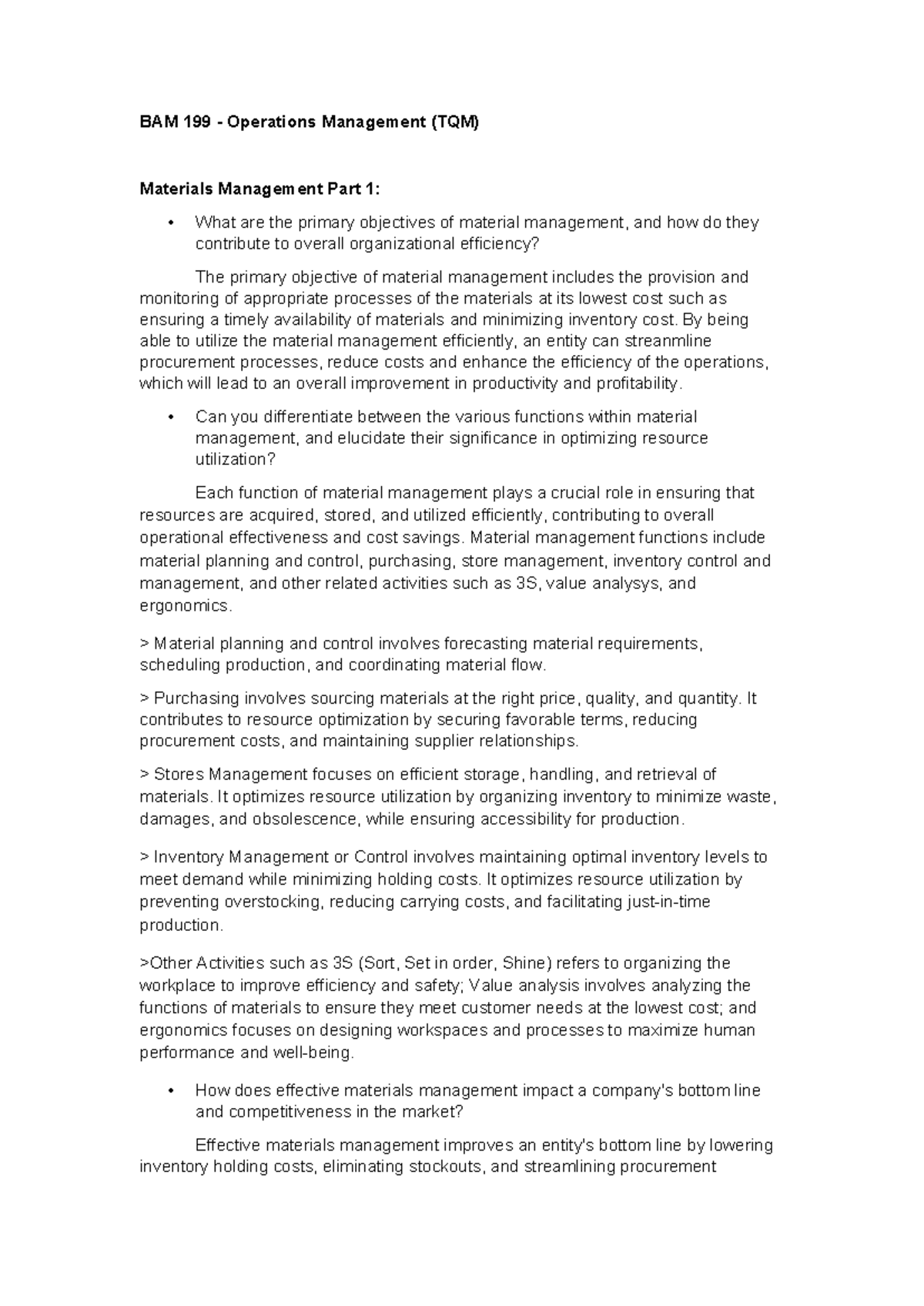 Bam199 - TQM notes - BAM 199 - Operations Management (TQM) Materials ...