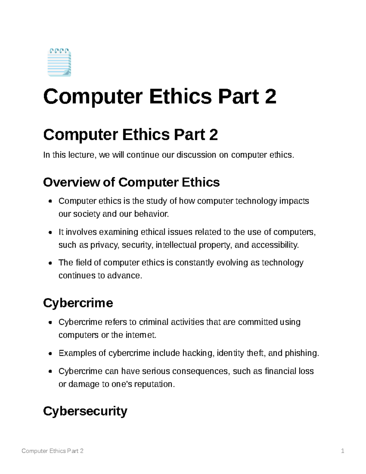 Computer Ethics Part 2 - Lecturer: Mr. Kim - F Computer Ethics Part 2 Computer Ethics Part 2 In ...