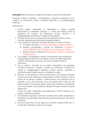 Actividad  Modelos y teorías de enfermería - Actividad :  Descripción y análisis de modelos y - Studocu