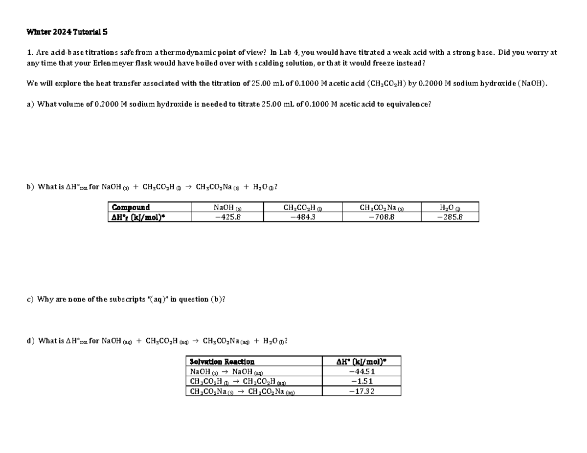 Tutorial 5 student sheet - Winter 2024 Tutorial 5 Are acid-base ...