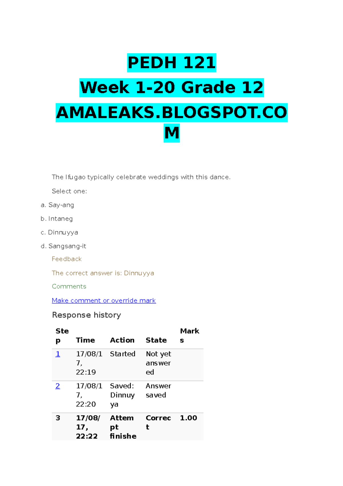 Amaleaks - Answers - PEDH 121 Week 1-20 Grade 12 AMALEAKS M The Ifugao
