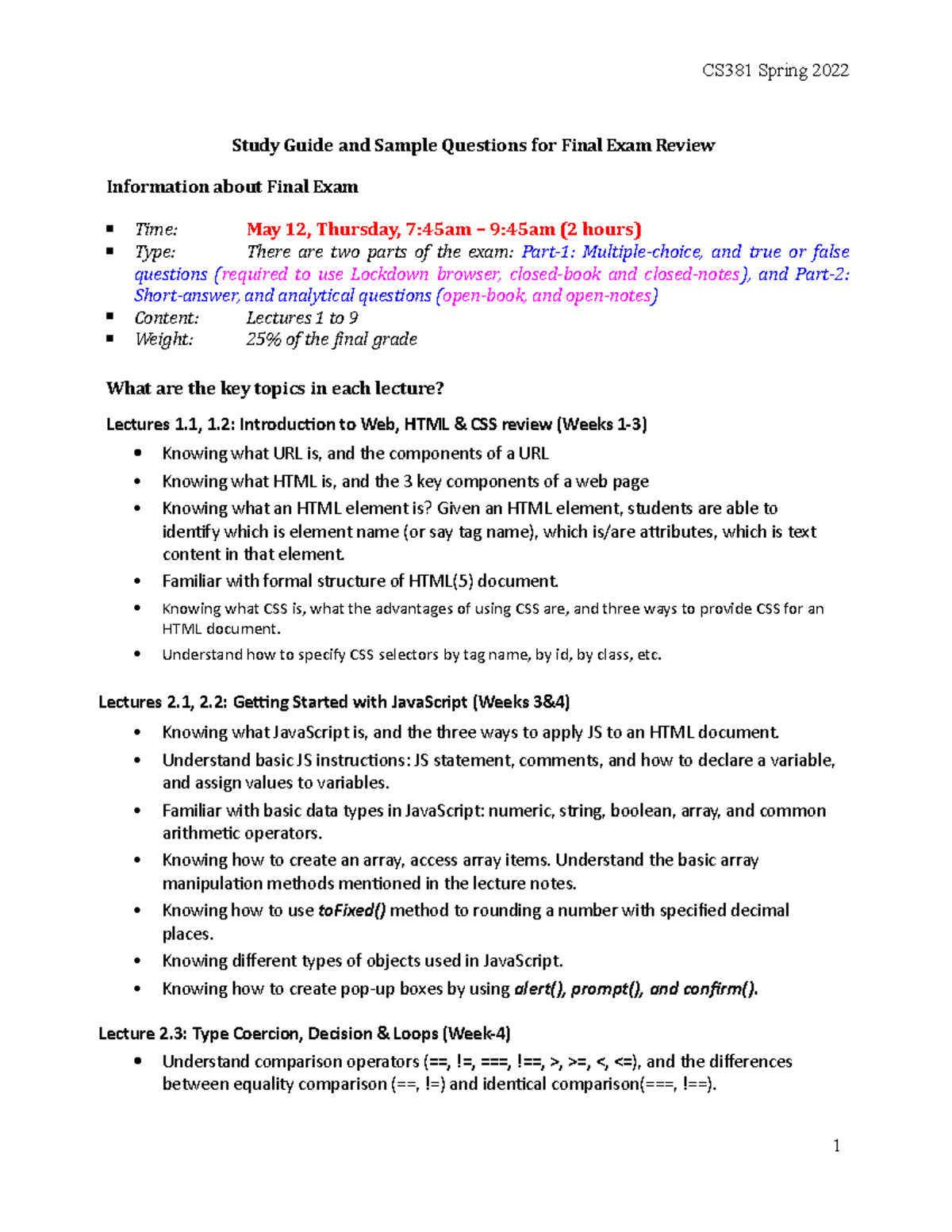 Final Exam Review Sample Questions & Study Guide - Study Guide and ...