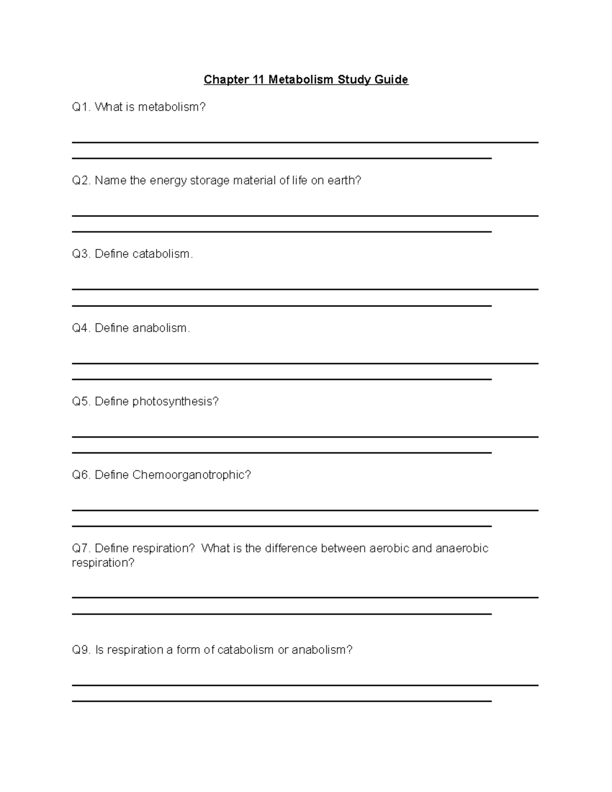 Chapter 11 Metabolism Study Guide - Chapter 11 Metabolism Study Guide ...