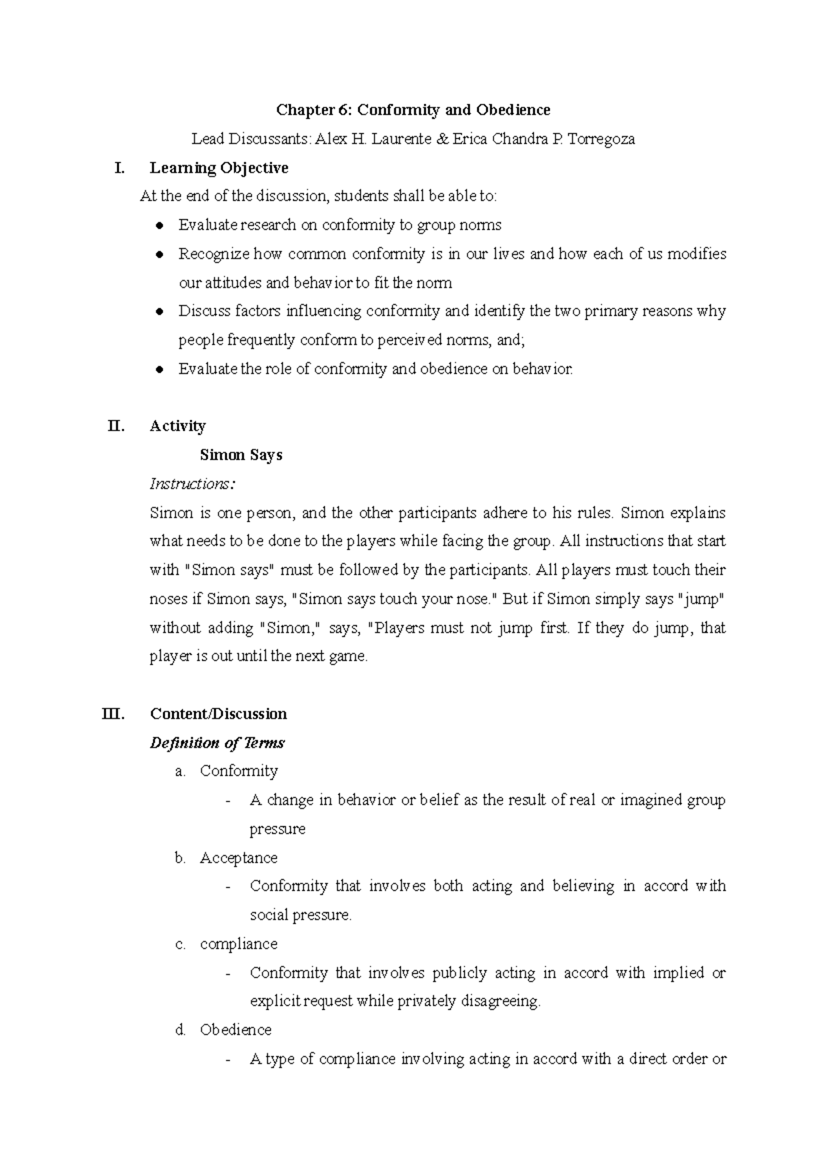 Student Handout Chapter 6 Conformity and Obedience Laurente and ...