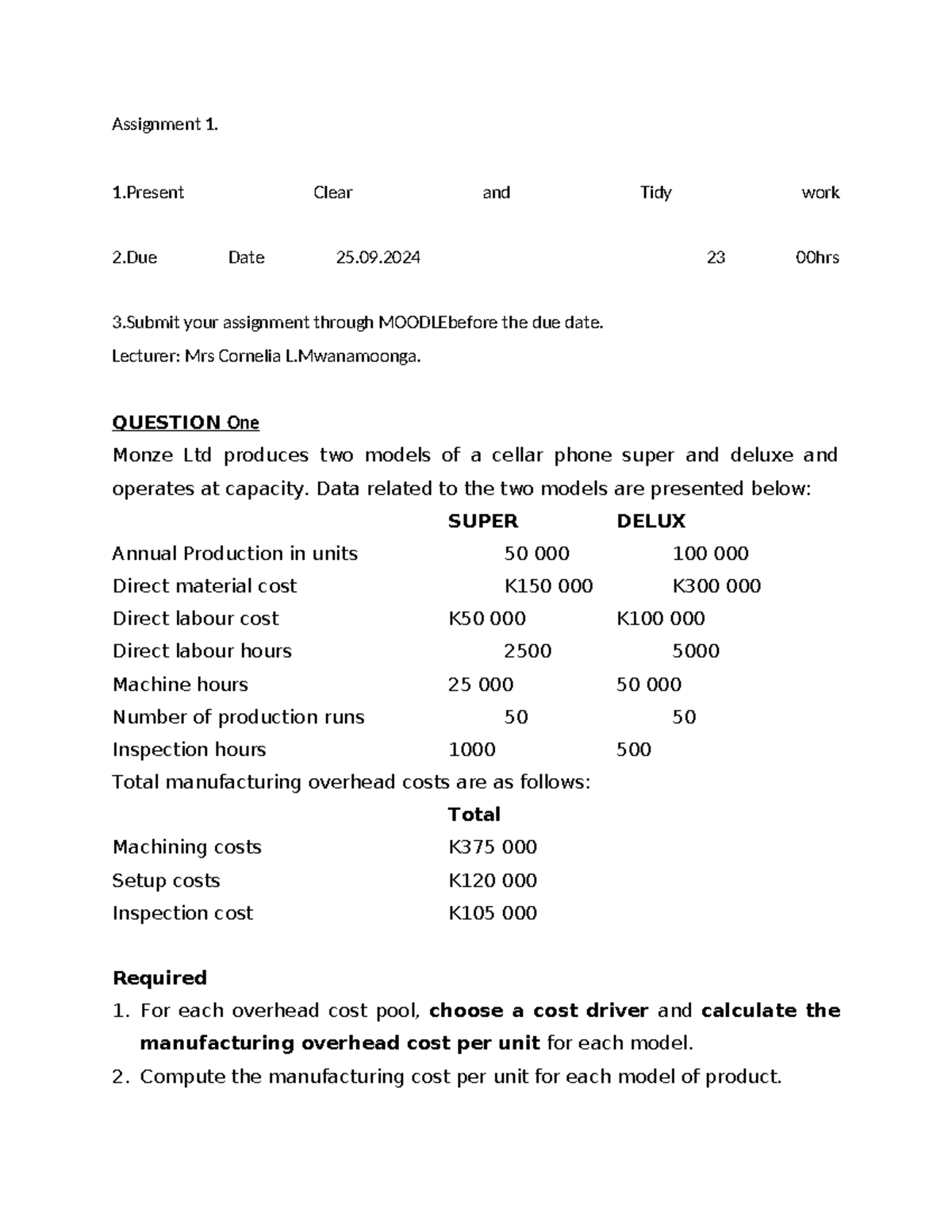 COST AND Management Accounting Assignment 2024 - Assignment 1. 1 Clear ...