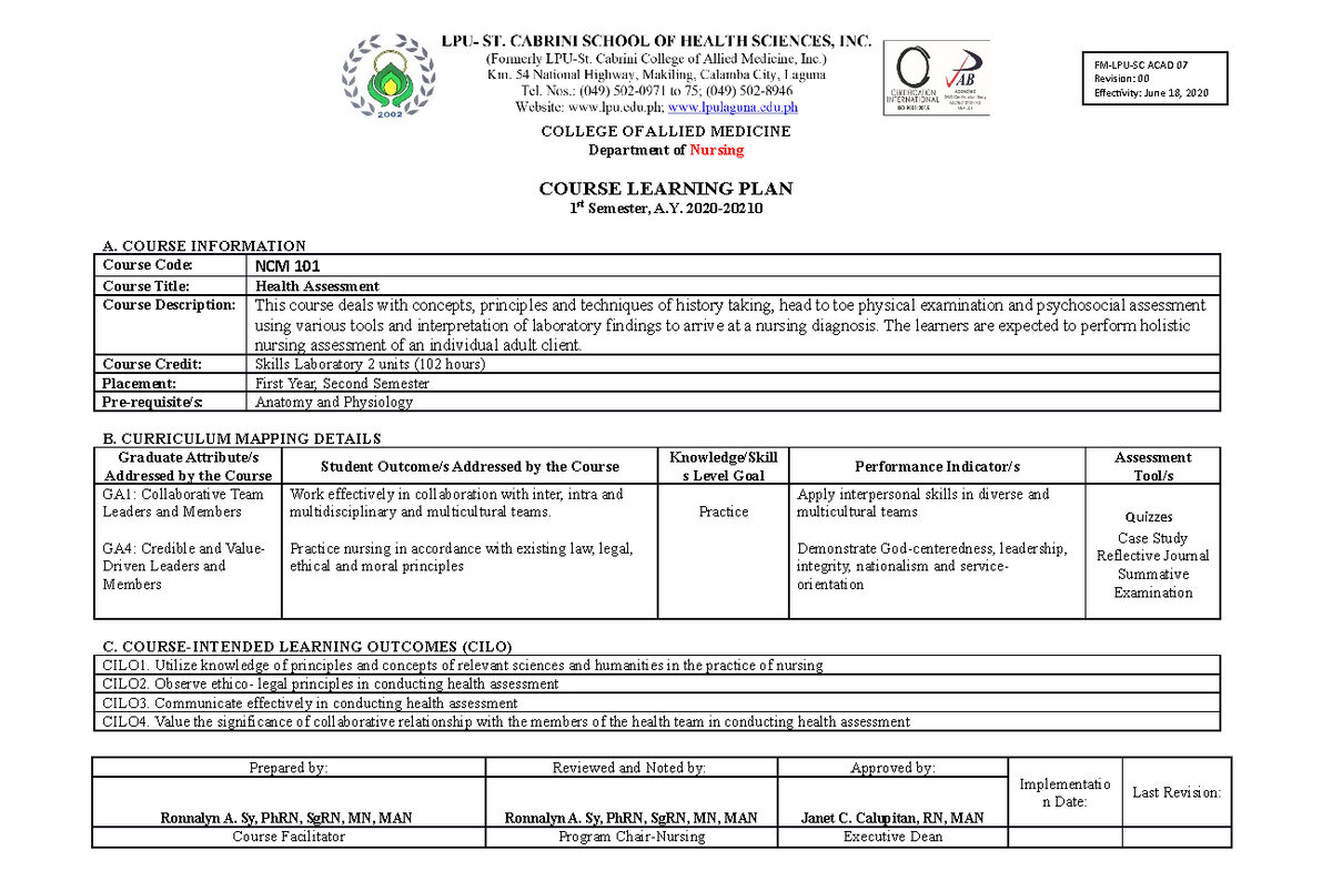 Skills Lab Health Assessment Course Plan 2021 COLLEGE OF ALLIED