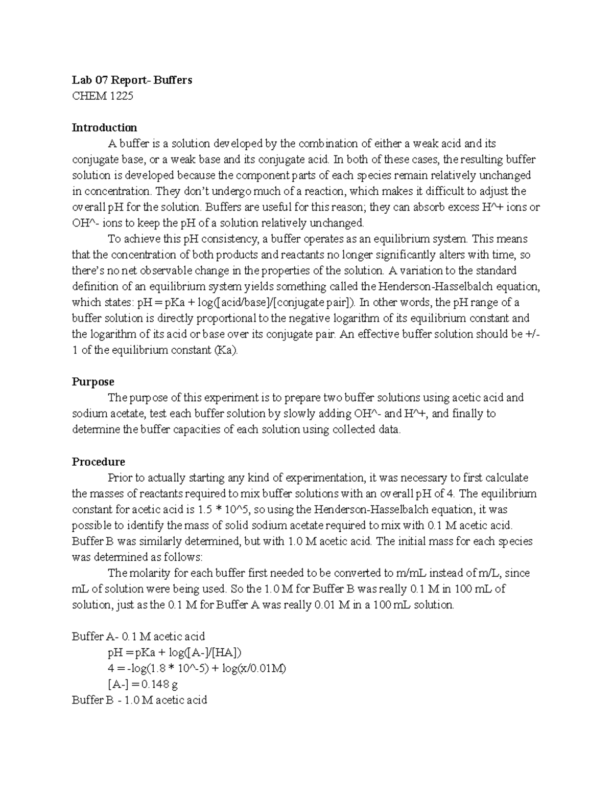 Lab 07 Report for CHEM 1225 Lab 07 Report Buffers CHEM 1225