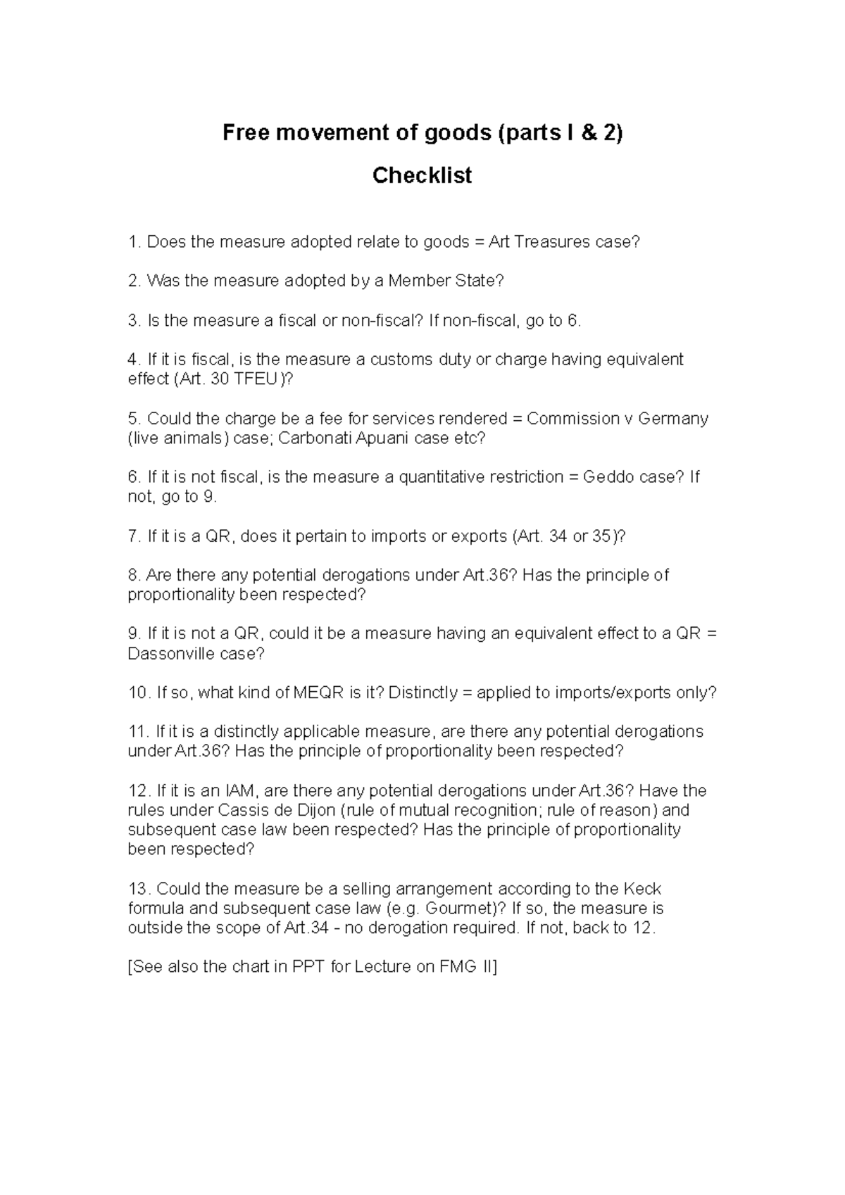 Free Movement of Goods Checklist - Free movement of goods (parts I & 2 ...