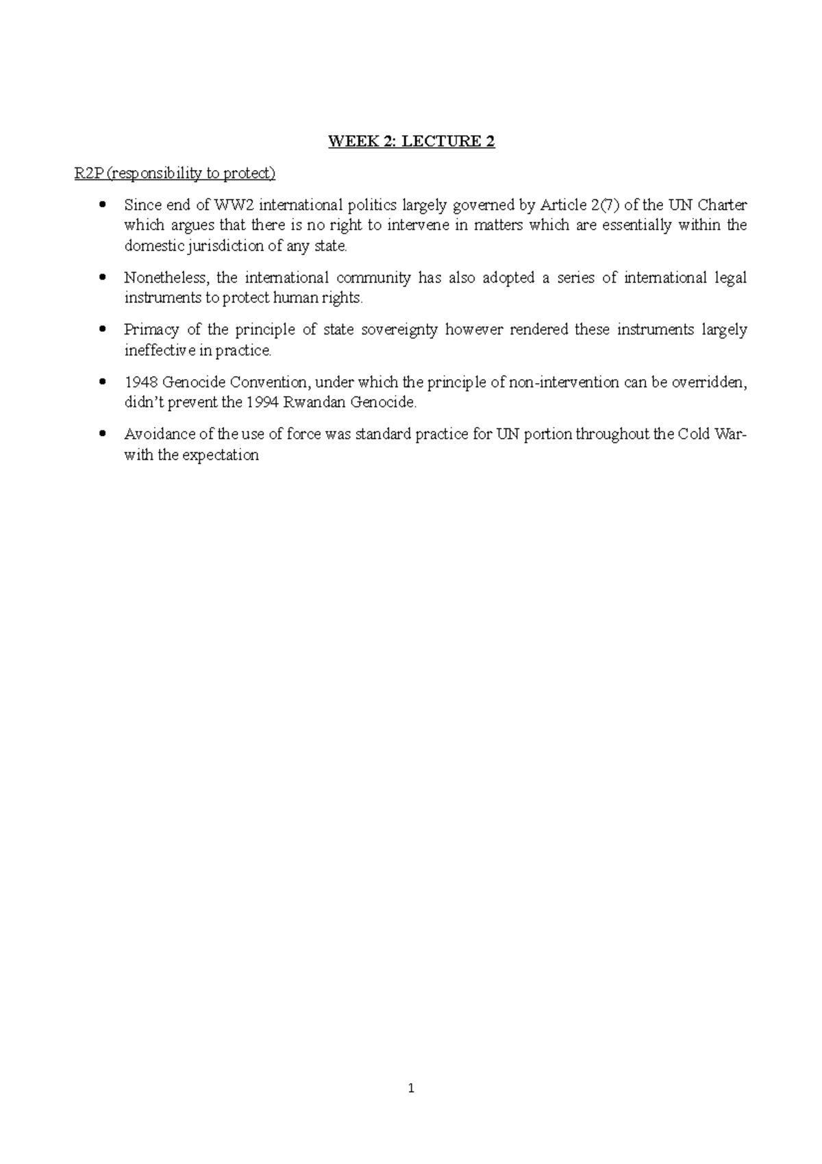 Politics week 2 lecture 1 - WEEK 2: LECTURE 2 R2P (responsibility to ...