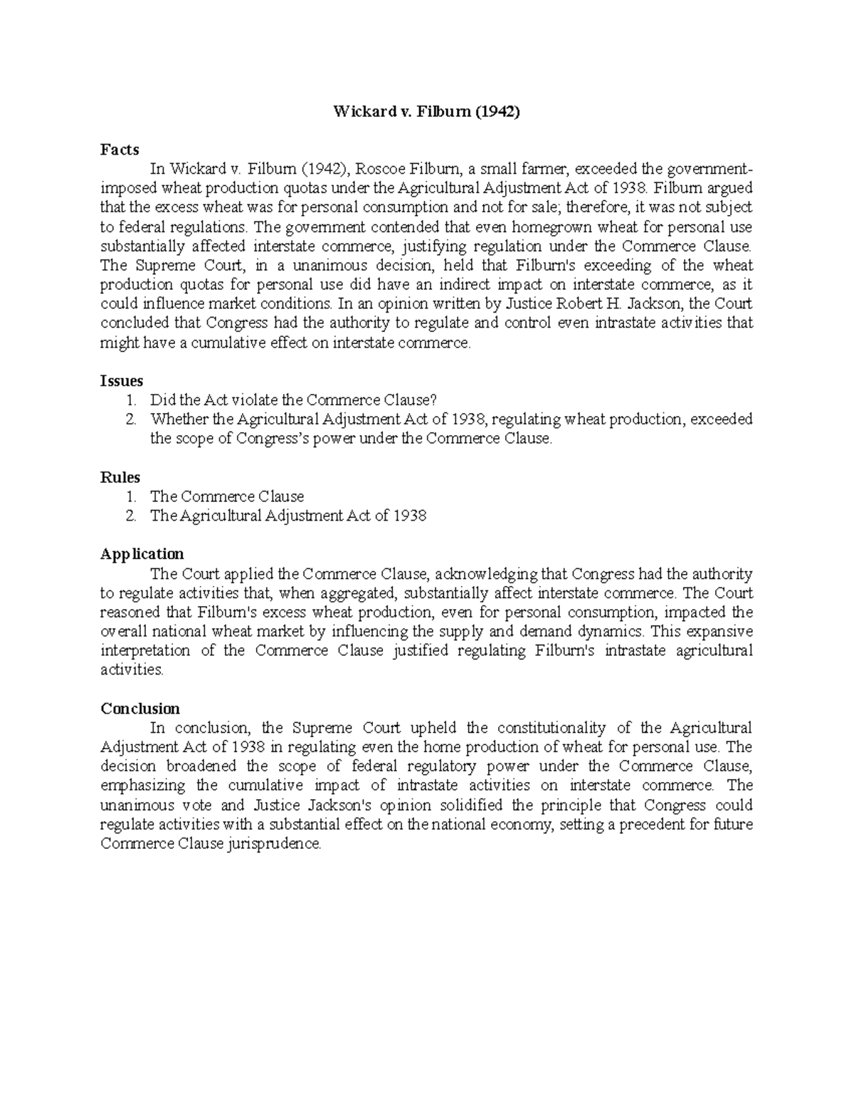 Case Briefs Week 8 Wickard v. Filburn (1942) Facts In Wickard v