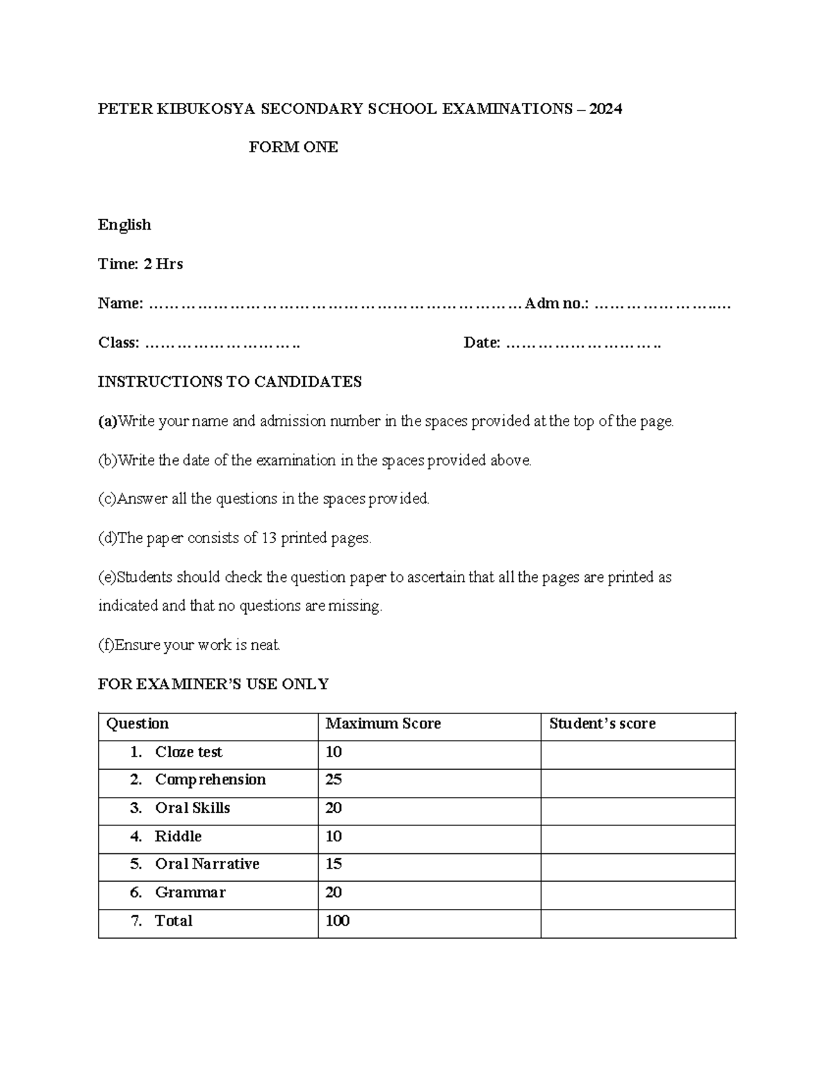 Winny End Term Exam - PETER KIBUKOSYA SECONDARY SCHOOL EXAMINATIONS ...