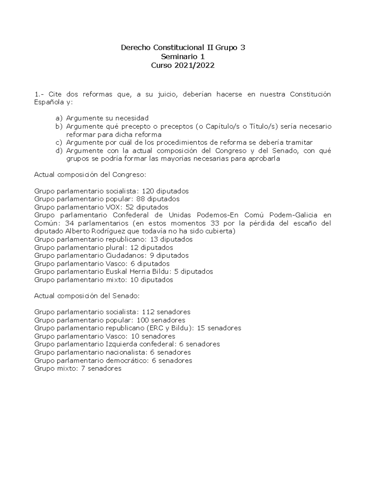 Seminario 1 - Derecho Constitucional II Grupo 3 Seminario 1 Curso 2021/ ...