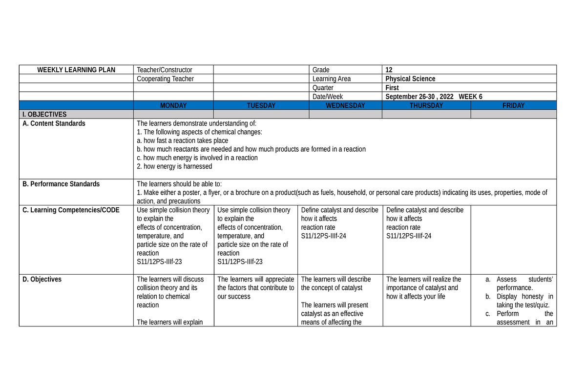 Physical Science Dlp Q1w5 - Weekly Learning Plan Teacher Constructor 