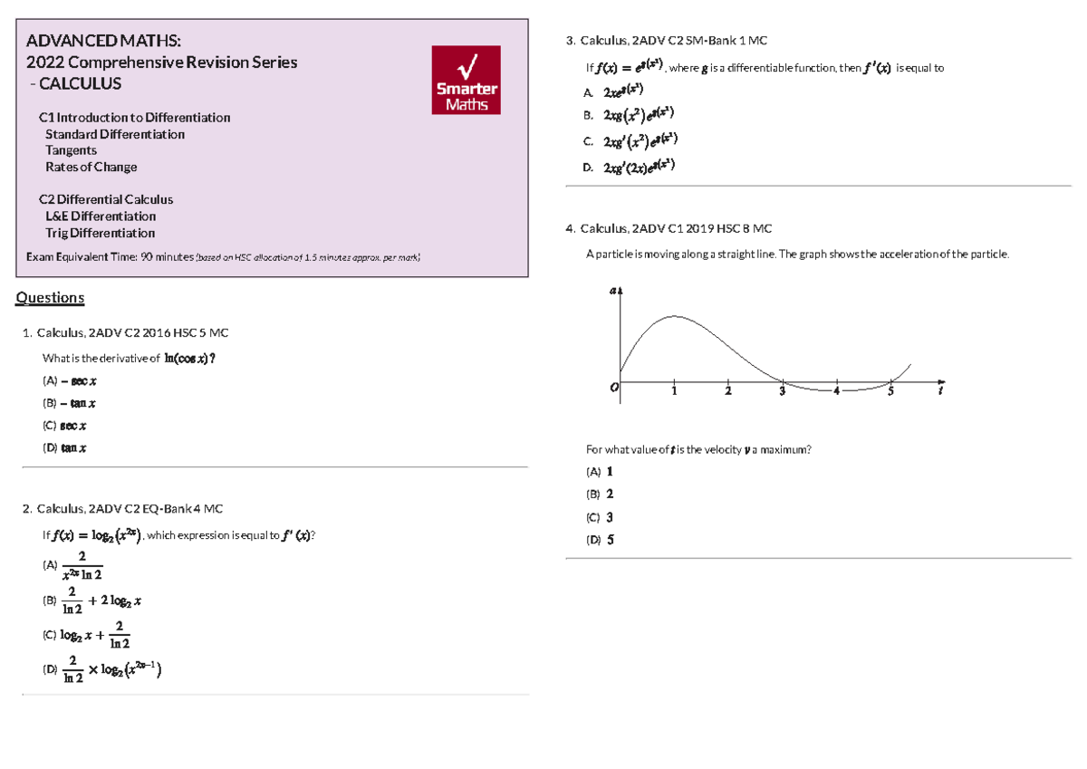 Calculus Comprehensive Revision - Calculus, 2ADV C2 2016 HSC 5 MC ...