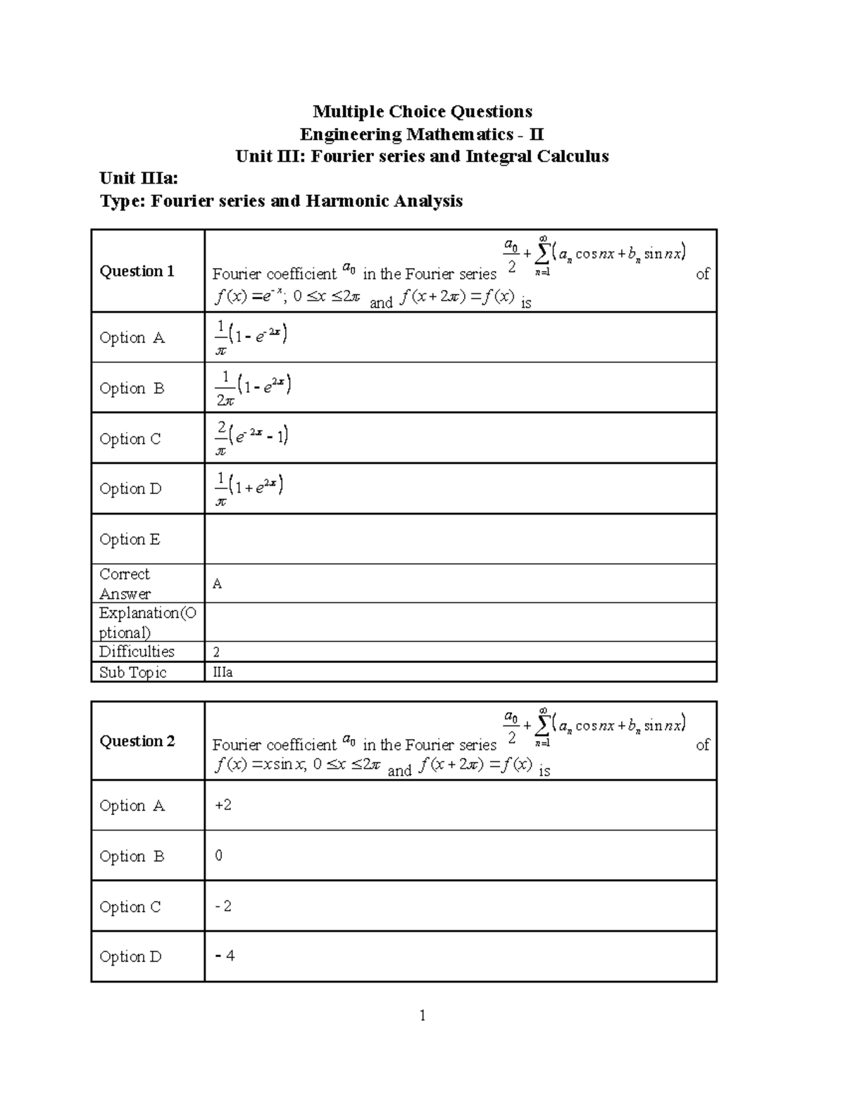 M2 Unit Iii A Mcqs Fourier Series - Multiple Choice Questions ...