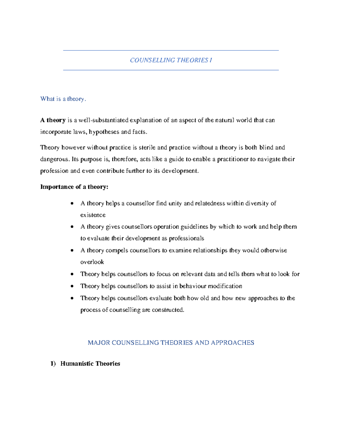 Introduction TO Theories OF Counselling AND Psychoanalysis ...