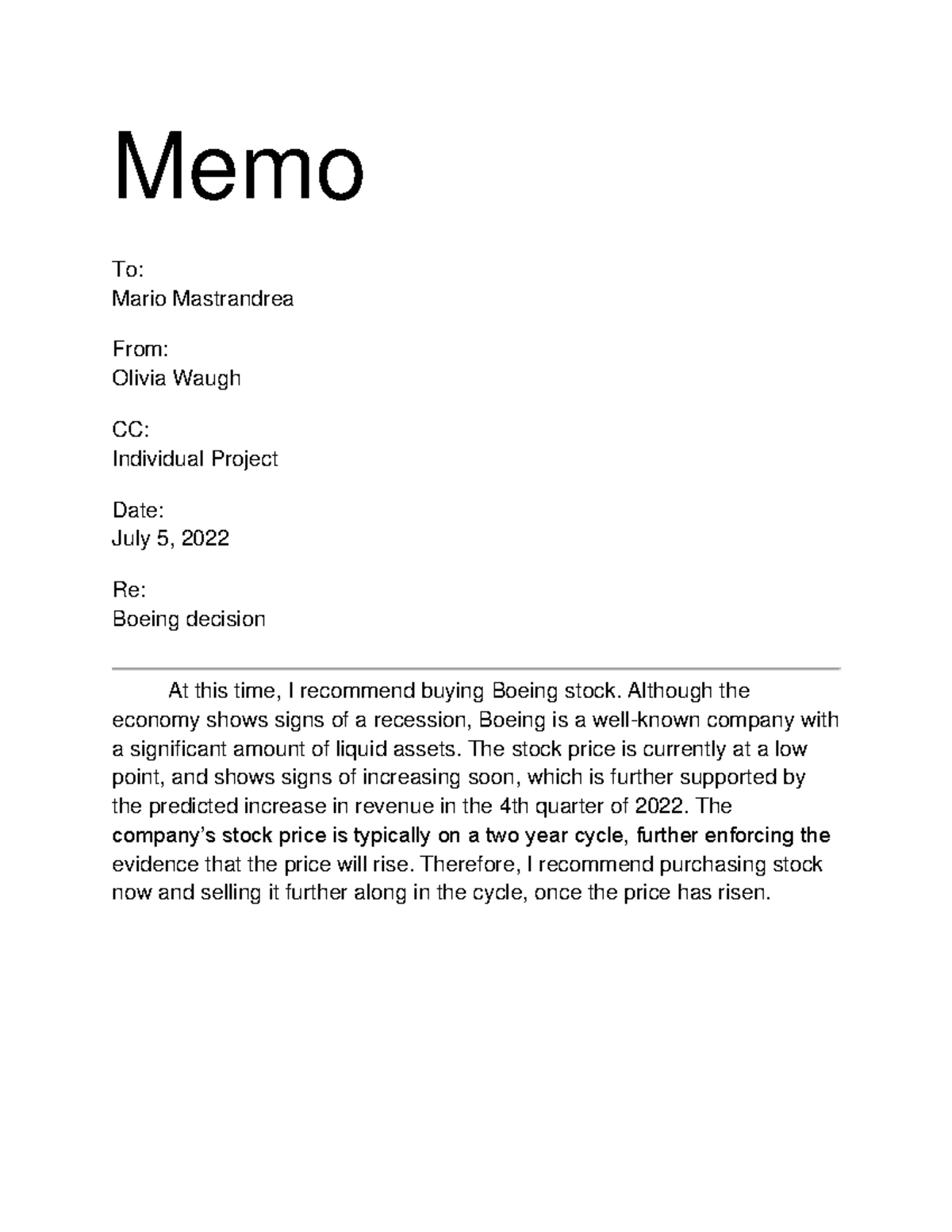 Principles of Finance Individual Project (mastrandrea) - Memo To: Mario ...