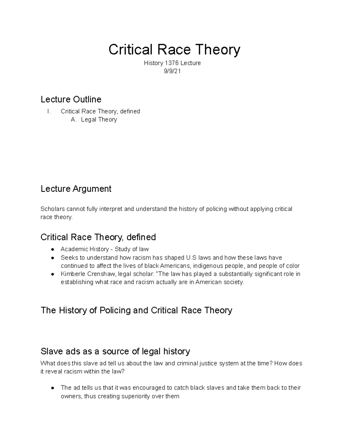 Critical Race Theory - Critical Race Theory History 1376 Lecture 9/9 ...