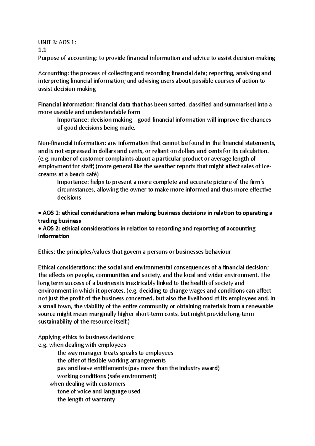 Notes Accounting unit 1 and 2 work - UNIT 3: AOS 1: 1. Purpose of ...