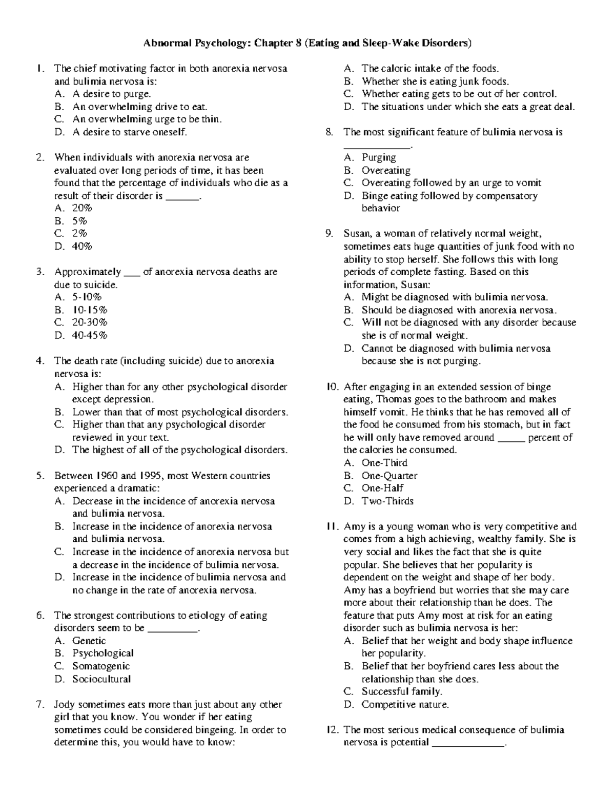 Abnormal Psychology ch 8 - Abnormal Psychology: Chapter 8 (Eating and ...