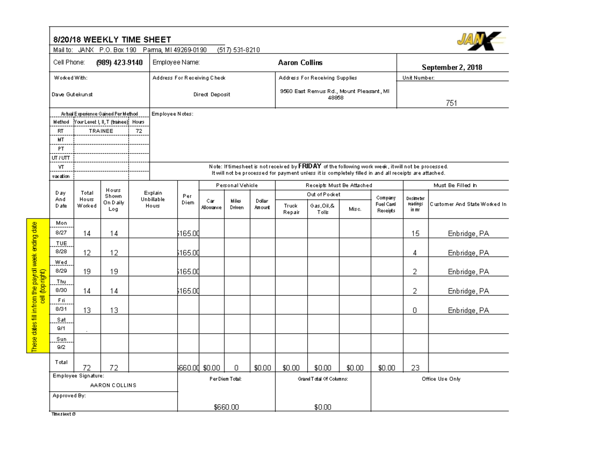 Time Digital Version9 8/20/18 WEEKLY TIME SHEET Mail to JANX P. Box 190 Parma, MI 49269