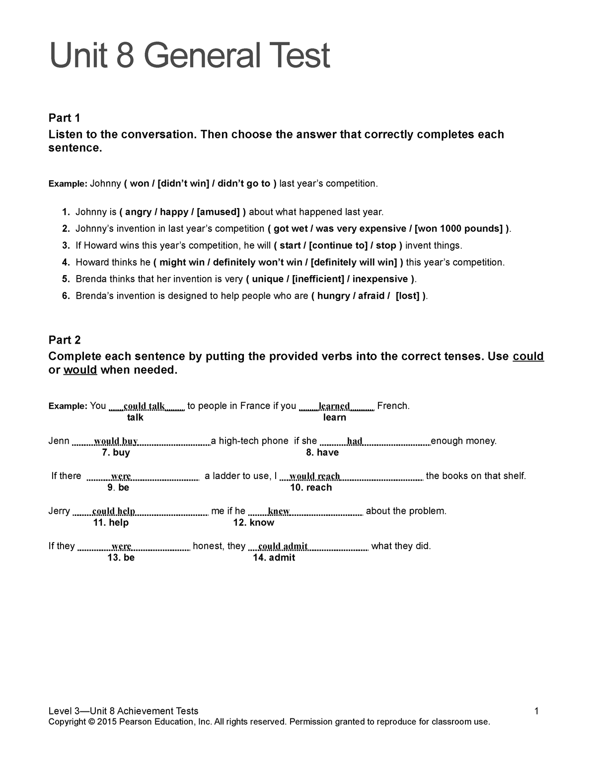 TN3 Unit 8 Assessment - Top Notch2 - Unit 8 General Test Part 1 Listen ...