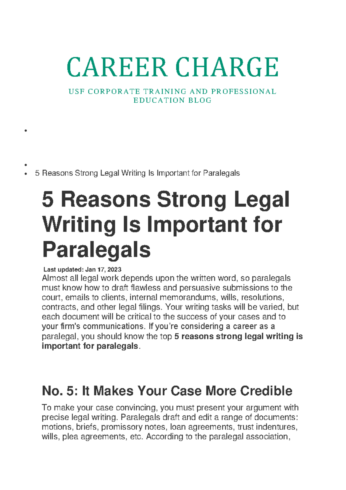 Reasons for legal writing - CAREER CHARGE U S F C O R P O R A T E T R A ...