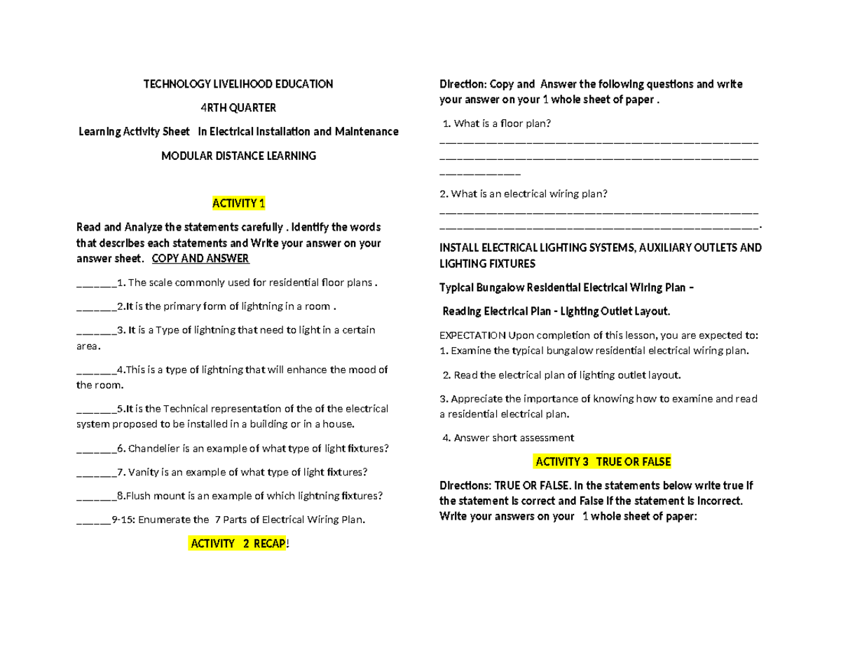 Electrical 9 Module activity sheet docx - TECHNOLOGY LIVELIHOOD ...