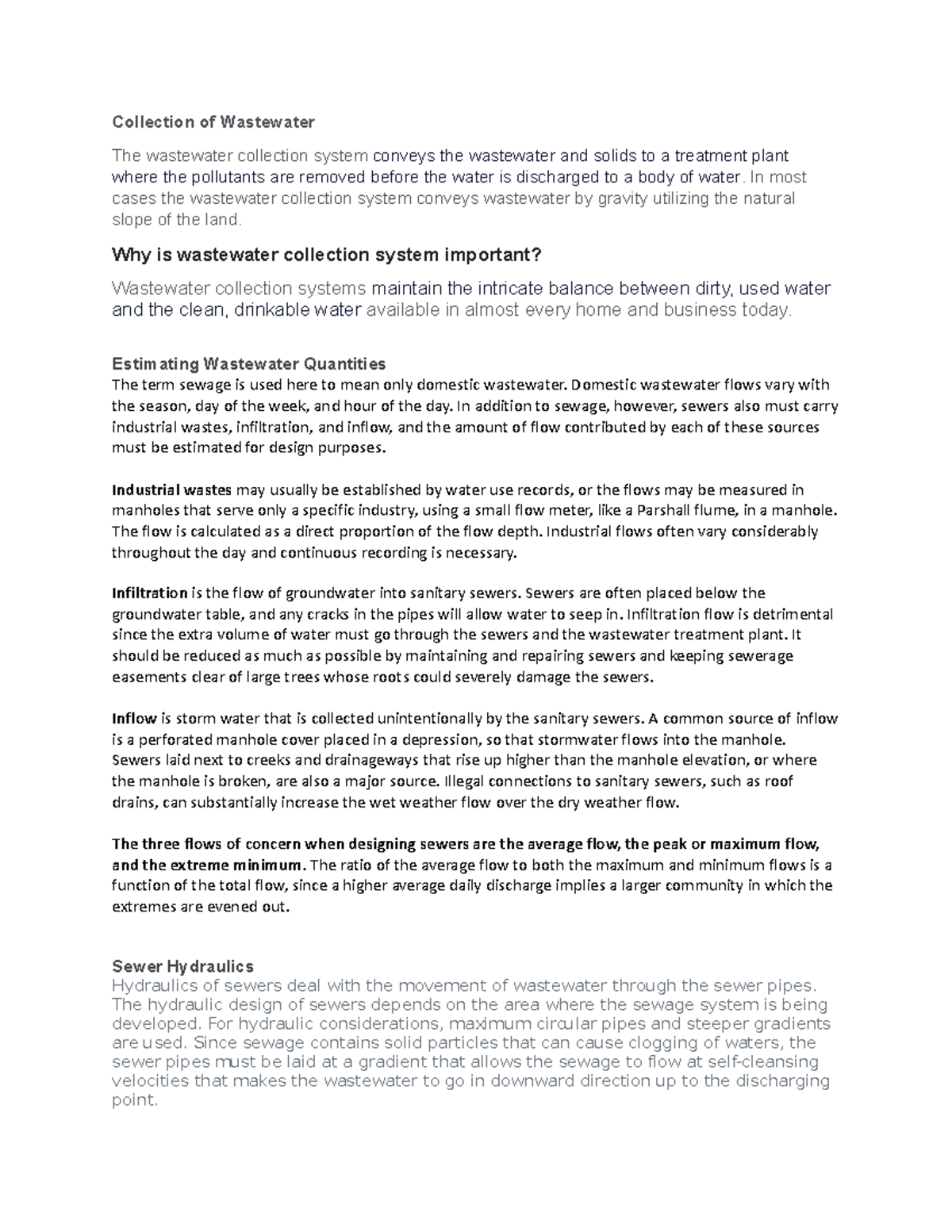 Collection of Wastewater - In most cases the wastewater collection ...