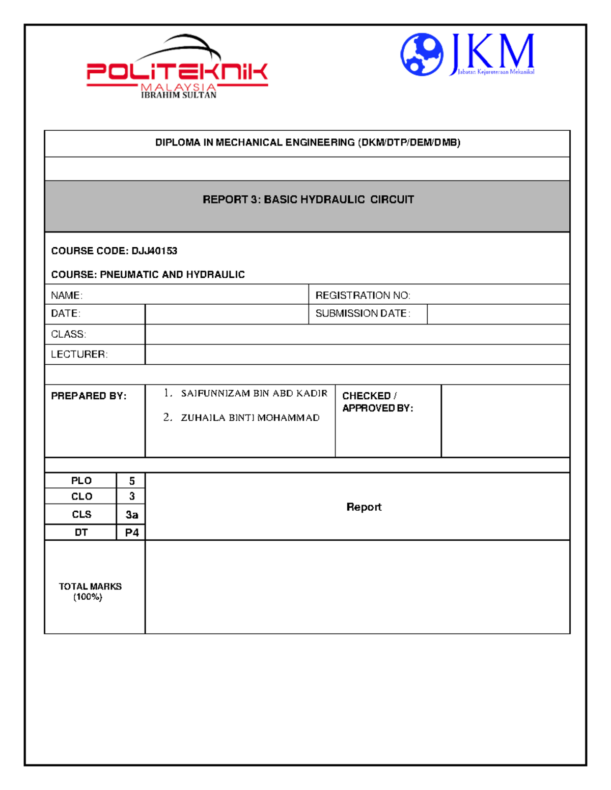 FULL Report 3 Basic Hydraulic Circuit 1 2021 2022 DIPLOMA IN