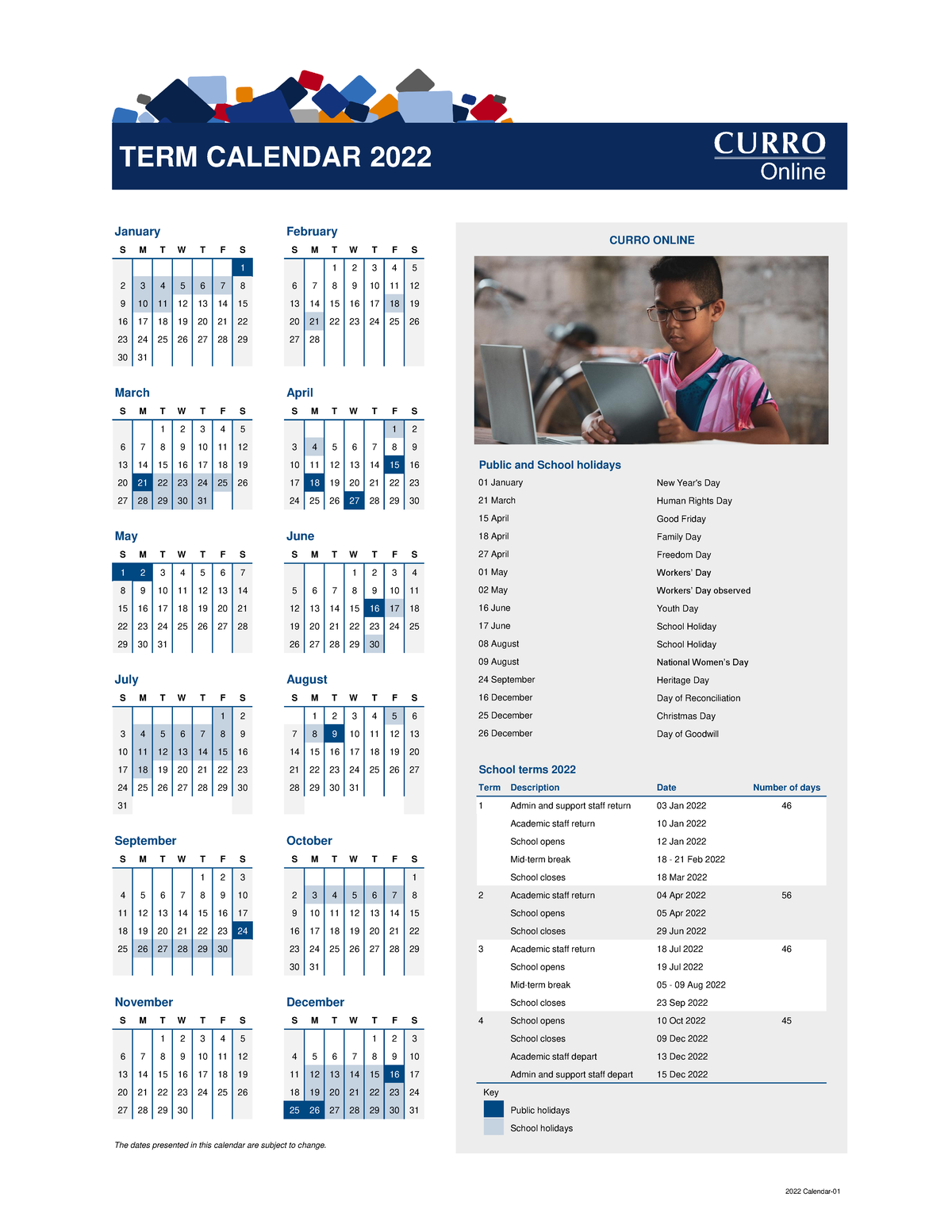 2022 Curro Online calendar 01 S M T W T F S S M T W T F S 1 1 1 2 3 4