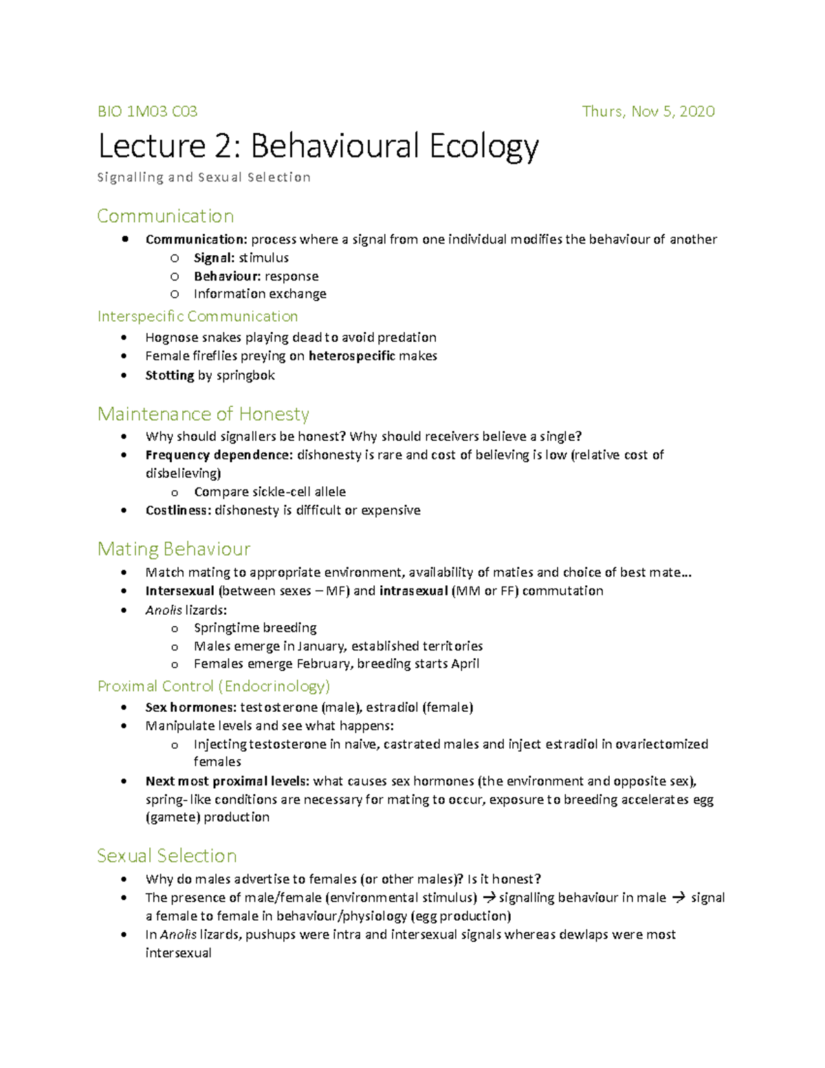 4 Behavioural Ecology L2 Ewjnfjbfjr - BIO 1M03 C03 Thurs, Nov 5, 2020 ...