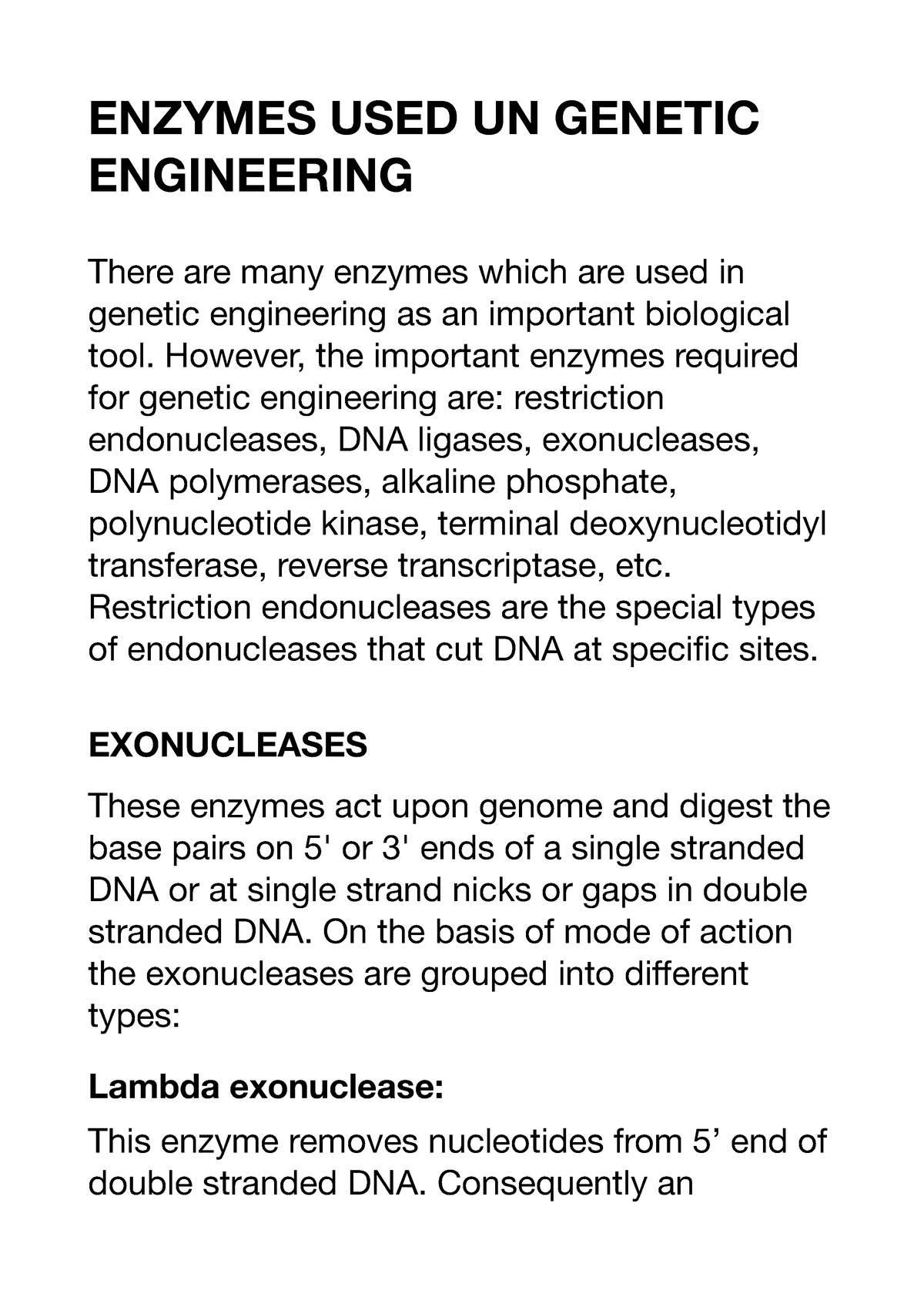 Enzymes used in engineering ENZYMES USED UN