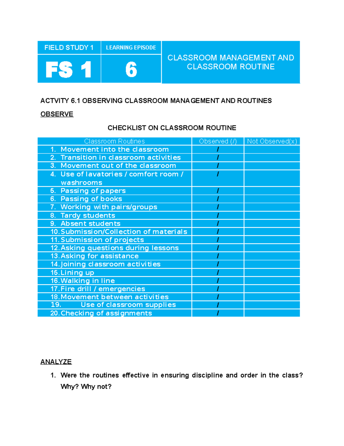 Field Study 1-ep 6 - None - FIELD STUDY 1 LEARNING EPISODE CLASSROOM ...