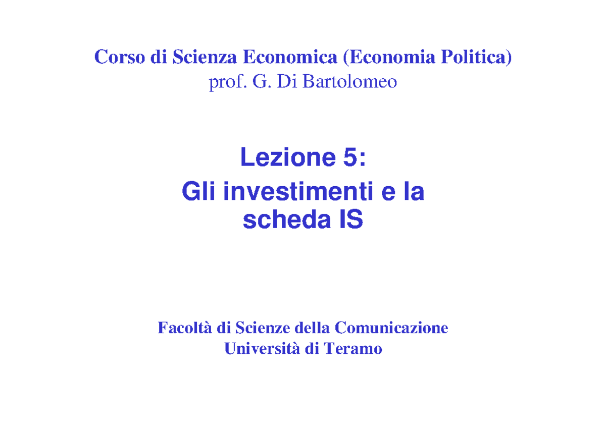 Lezione 5 - Riassunto Politica Economica - Corso Di Scienza Economica ...