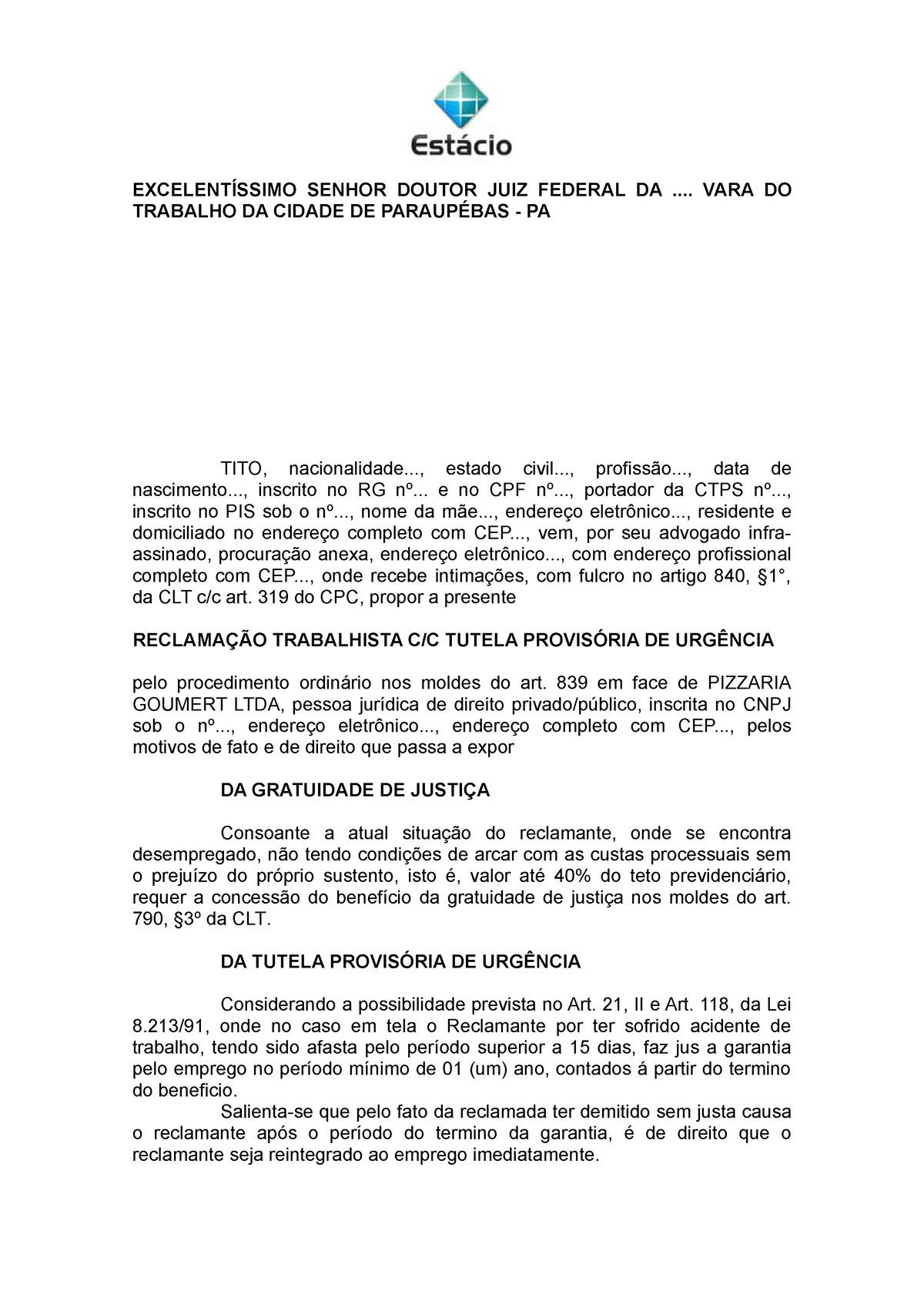 CASO Concreto Pratica DO Trabalho EXCELENTÍSSIMO SENHOR DOUTOR JUIZ FEDERAL DA VARA DO