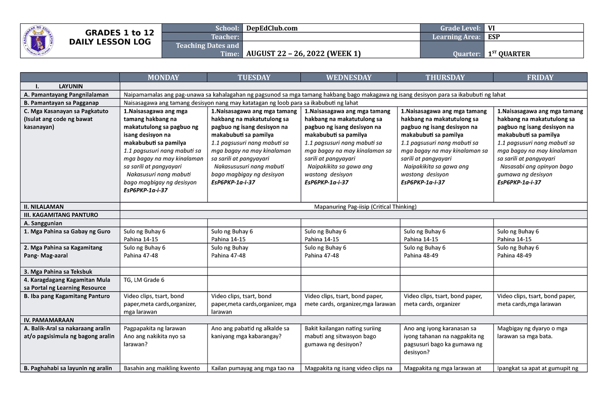 Dll Esp 5 Q1 W6 Daily Lesson Log Grade 5 Daily Lesson Log School