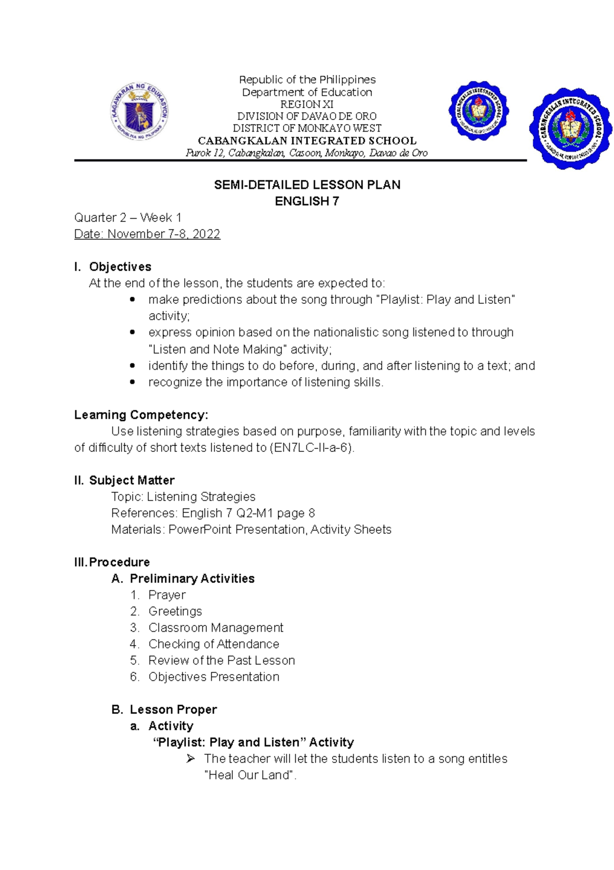 WEEK 1 - Lesson Plan For Grade 7 - Republic Of The Philippines ...