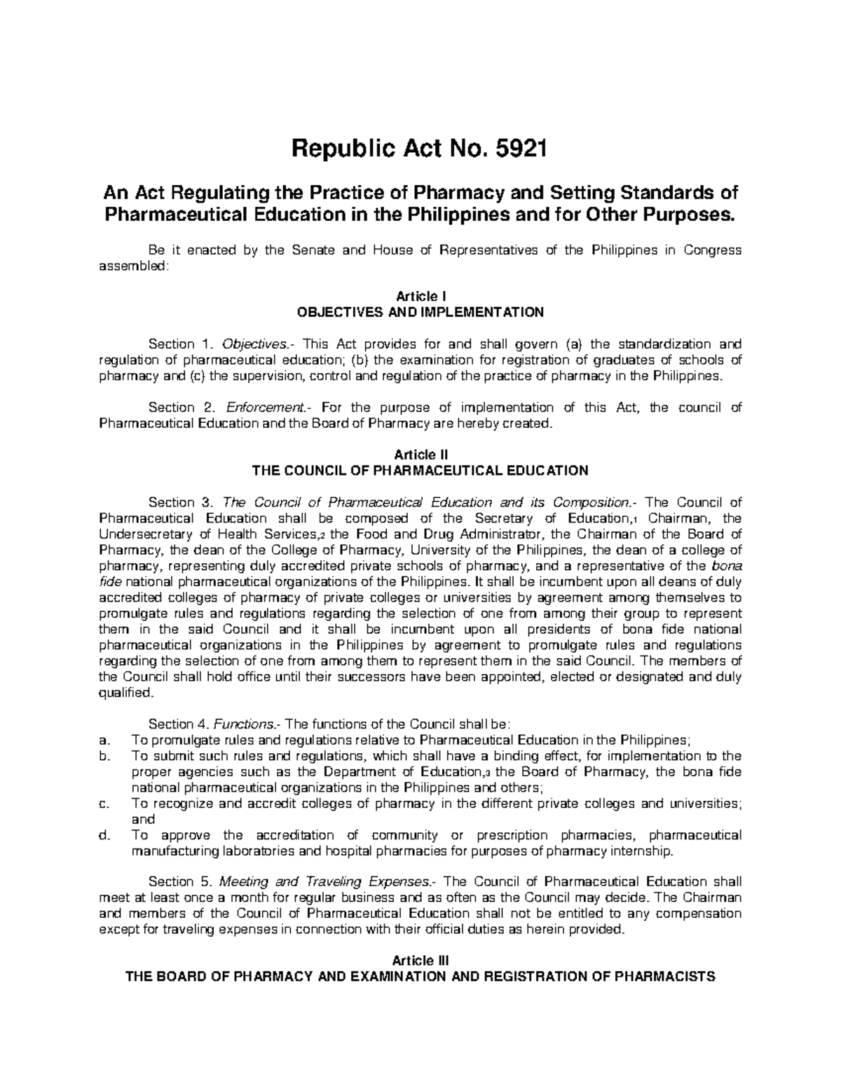 Pharmacy LAW - Republic Act No. 5921 An Act Regulating the Practice of ...